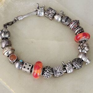 Pandora Sterling Silver Charm Bracelet With Red Murano Glass Charms